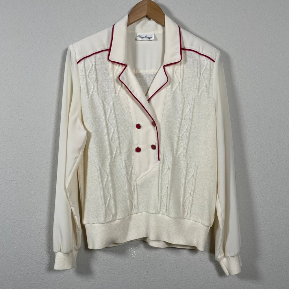 Philippe Marques Blouse Womens XL Cream Red Vintage Knit‎ Mixed Media Excellent